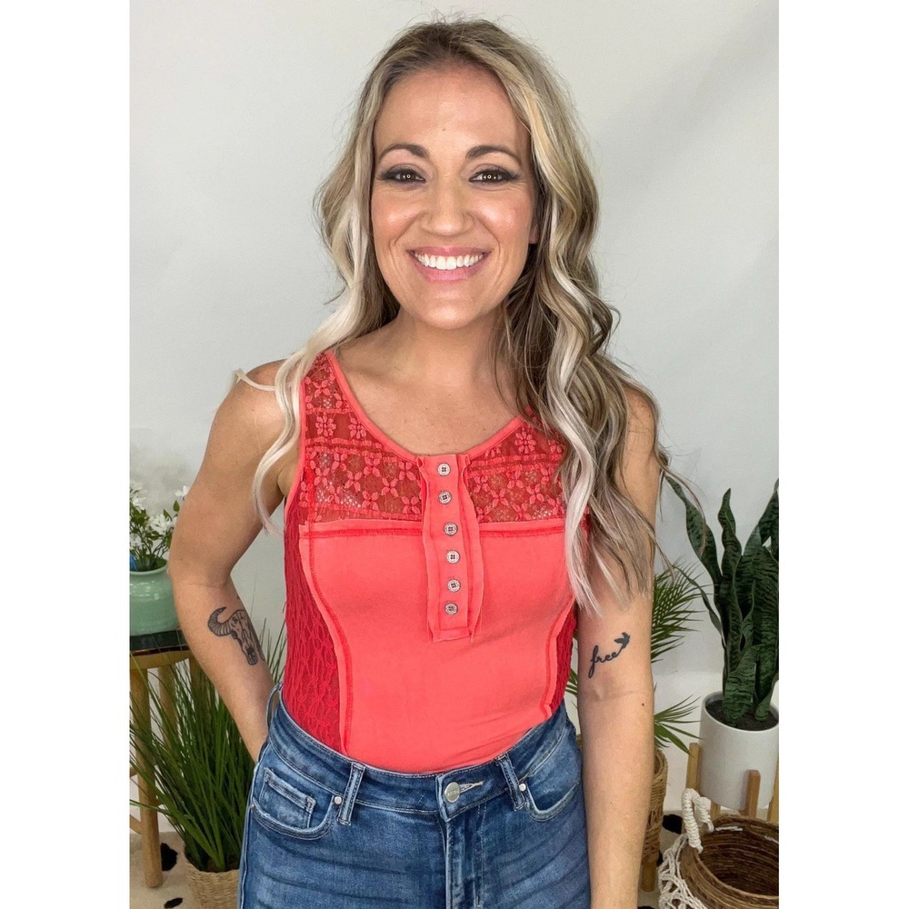 POL Women's Coral Lace Styled Cross back‎ Bodysuit Size Large